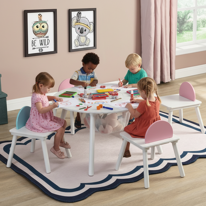 LittleHaven™ 5-piece wooden toddler activity table and chair set by Little Play World, with colorful surface for play, crafts, and reading.