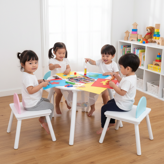 LittleHaven™ 5-piece wooden toddler activity table and chair set by Little Play World, featuring a multi-purpose play, craft, and reading station.
