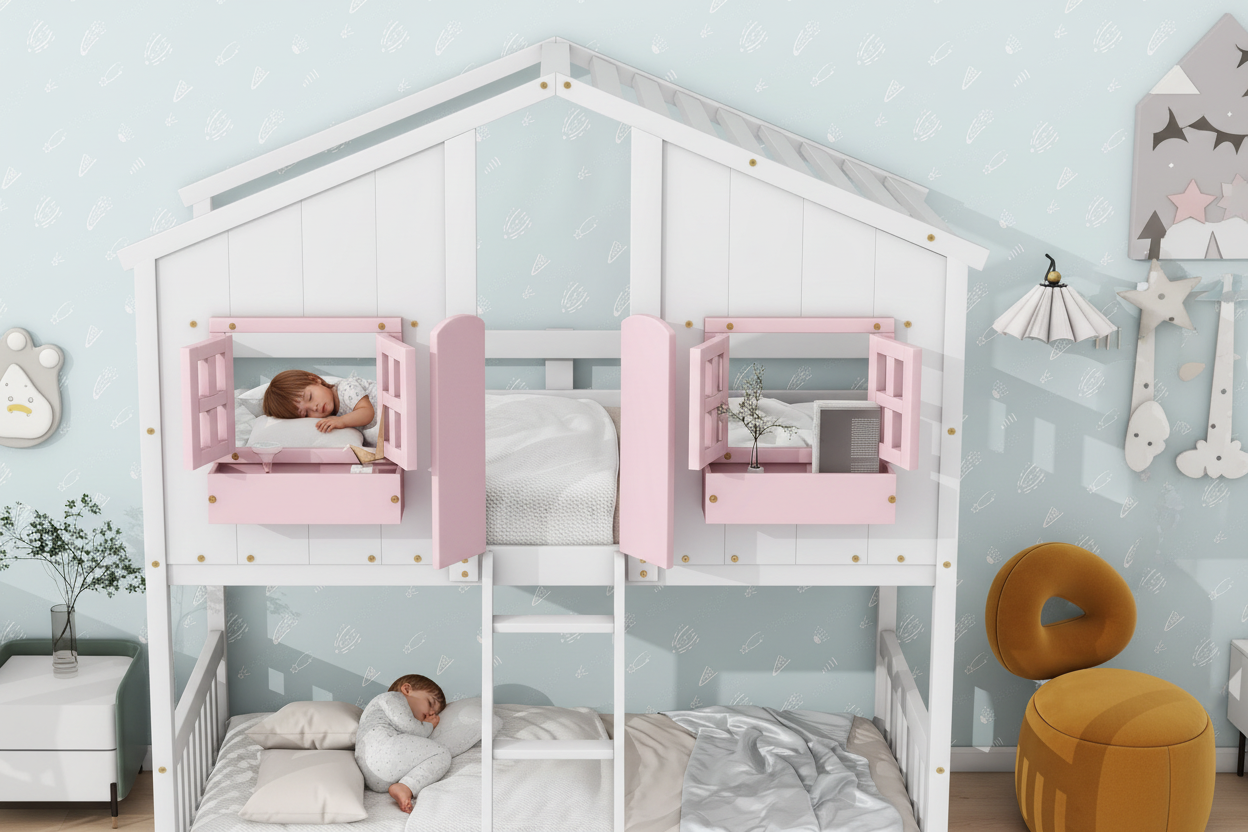 Children's room with a white house-shaped bed and pink accents.