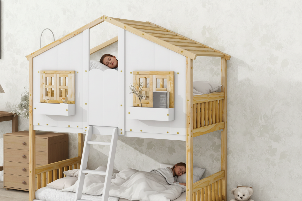Children's wooden house-shaped bed with a ladder in a room setting.