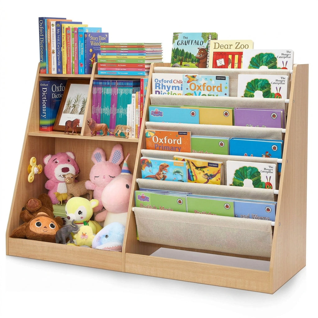 WonderNook Kids Bookshelf and Toy Organizer by Little Play World with open shelves and storage compartments