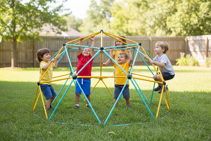 Children playing on a colorful playground structure in a backyard
