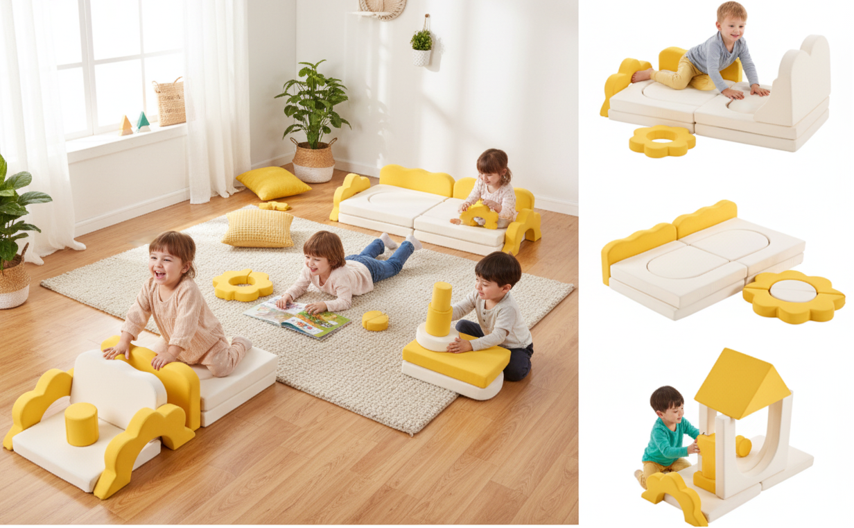Children playing with a modular play sofa set in a bright room.