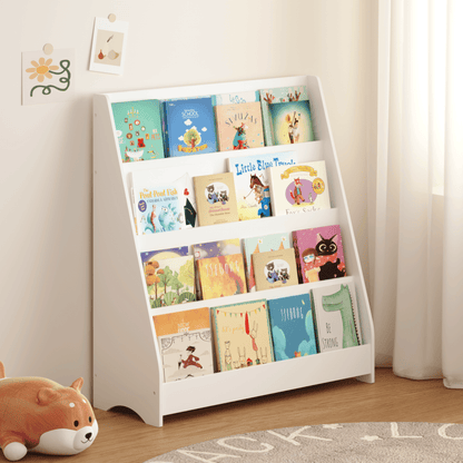 Little Play World Storyhaven 4-tier kids bookshelf displaying colorful children's books and toys