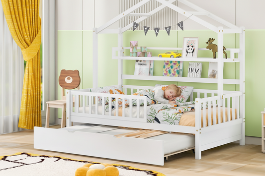 Children's room with a white house-shaped bed, yellow curtains, and toys on a green wall.