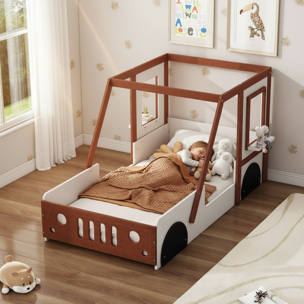 Little Play World VictoryLane™ kids car-shaped twin bed with fun play design for boys and girls, perfect for kids' bedrooms.