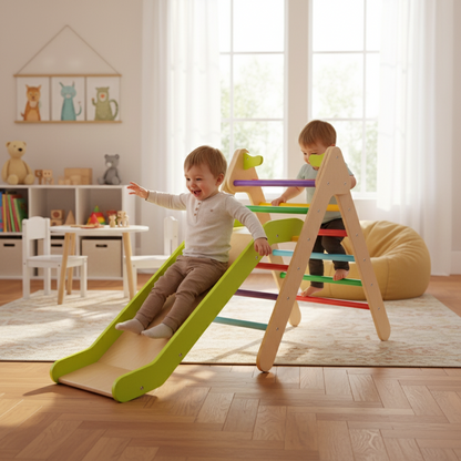 Children playing on a colorful wooden slide and ladder in a bright, well-lit room.