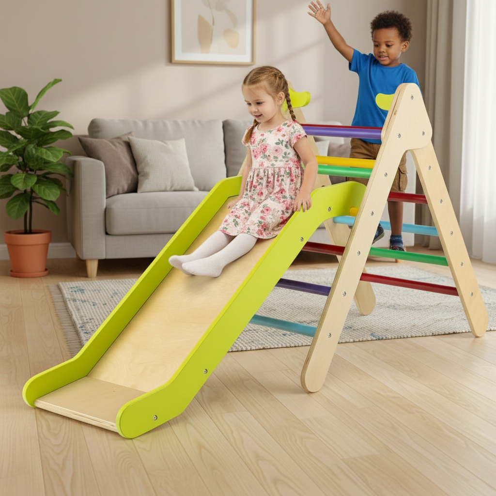 2-in-1 Wooden Triangle Climber Set : Climbing Ladder + Slide Board - Little Play World Store