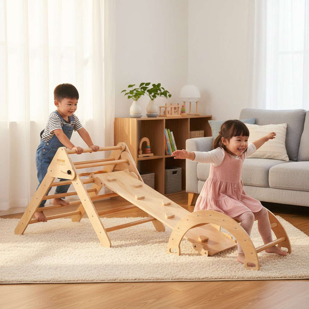 Two children playing with a wooden seesaw in a living room.