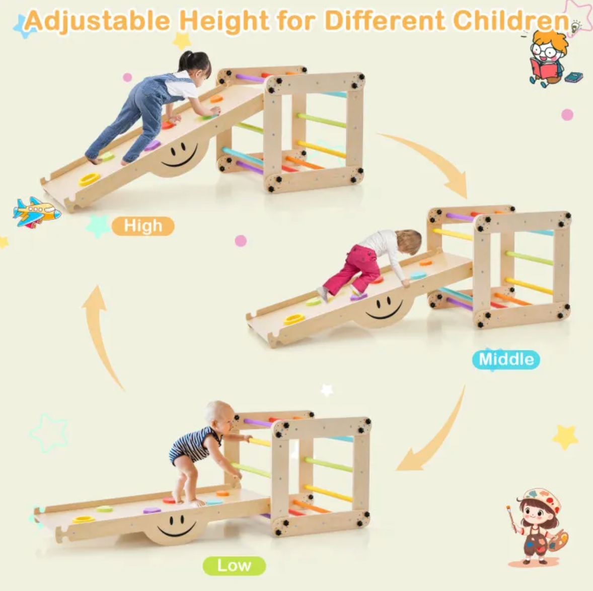 5in1 Montessori Climbing Set: Climbing Ladder + Climbing Ramp + Slide Board + Seesaw + Stepstool - Little Play World Store