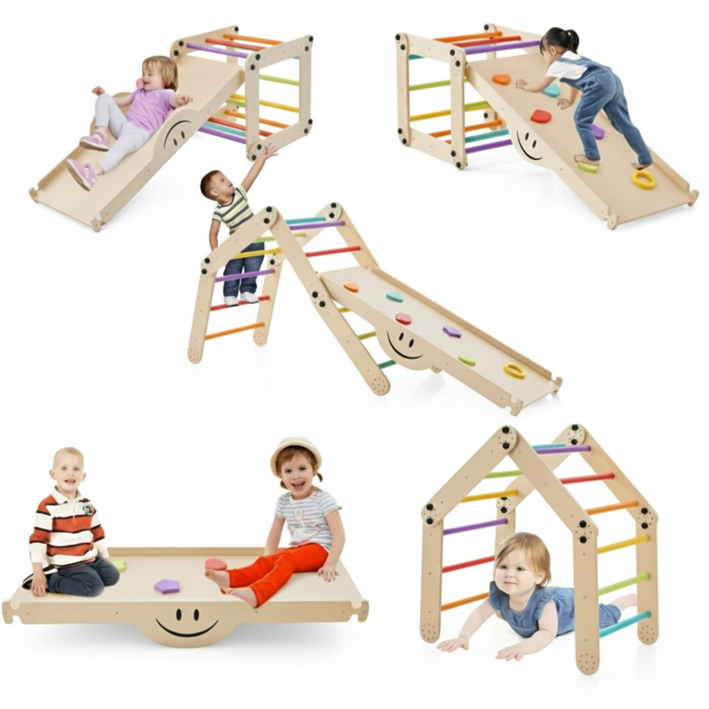 Children playing on a wooden play set with slides, ladders, and platforms.