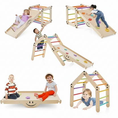 Children playing on a wooden play set with slides, ladders, and platforms.
