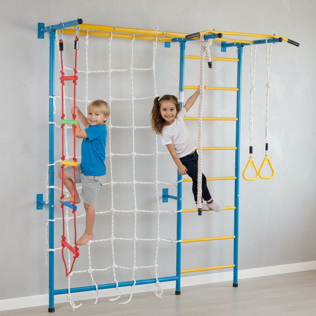 Indoor kids play gym featuring a 7-in-1 Swedish ladder wall climber and wooden activity set by Little Play World.