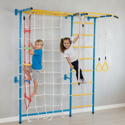 Indoor kids play gym featuring a 7-in-1 Swedish ladder wall climber and wooden activity set by Little Play World.