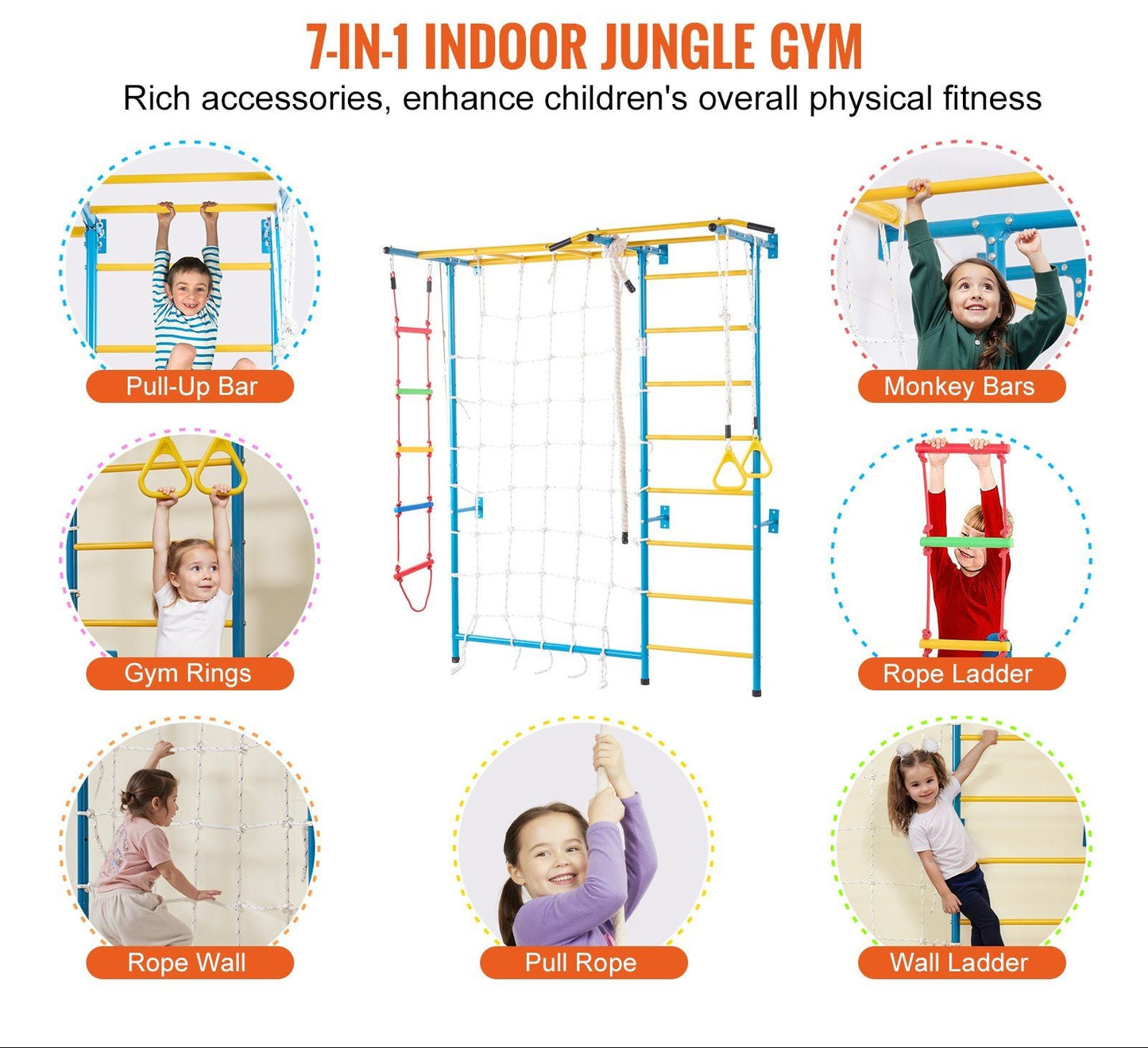 Little Play World 7-in-1 Swedish Ladder Wall Gym for kids, indoor wooden climbing activity set with multiple play features.