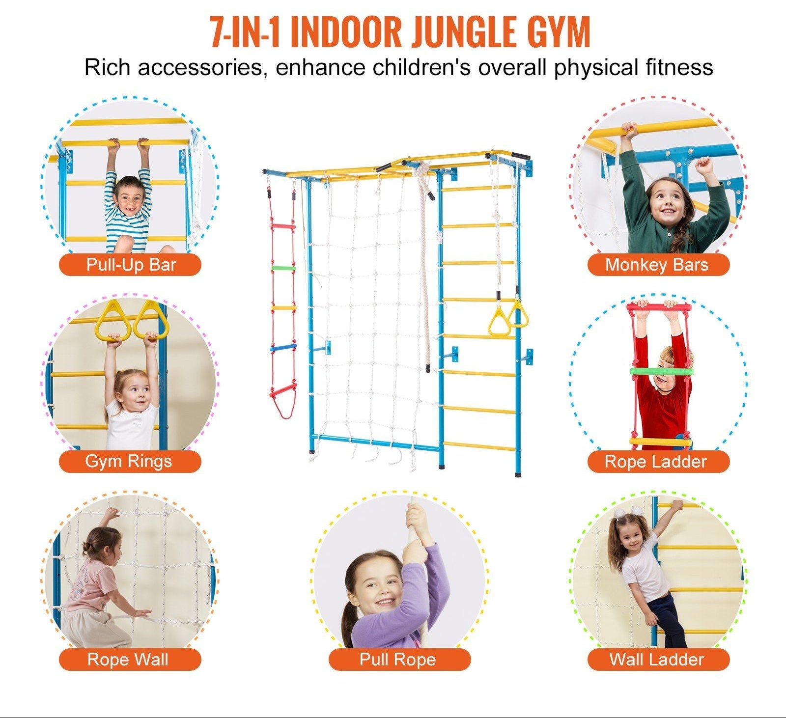 Little Play World 7-in-1 Swedish Ladder Wall Gym for kids, indoor wooden climbing activity set with multiple play features.