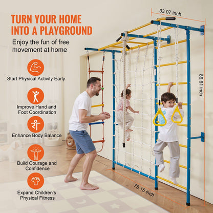 Little Play World 7-in-1 Swedish Ladder Wall Gym indoor wooden climber and activity set for kids, suitable for indoor play.