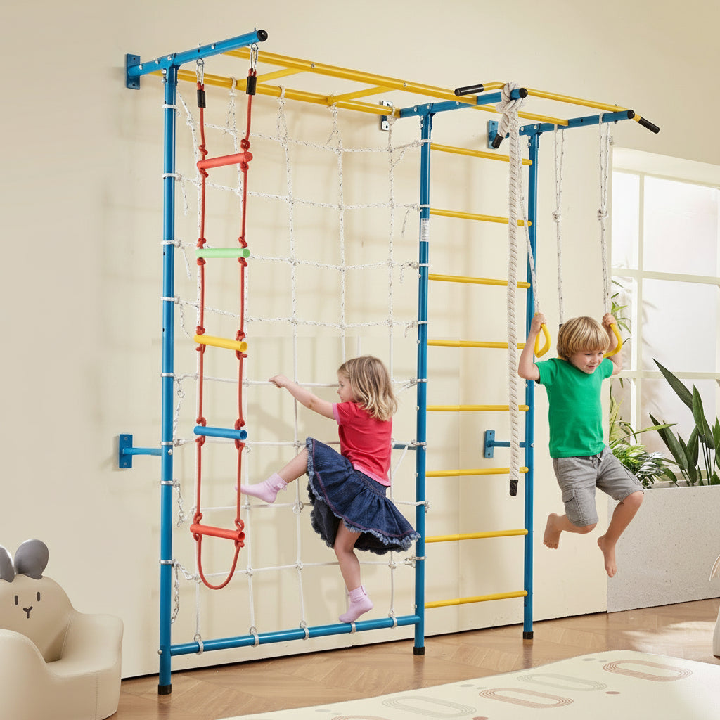 Little Play World 7-in-1 Swedish Ladder Wall Gym for kids, indoor wooden climbing and activity set with various play features.