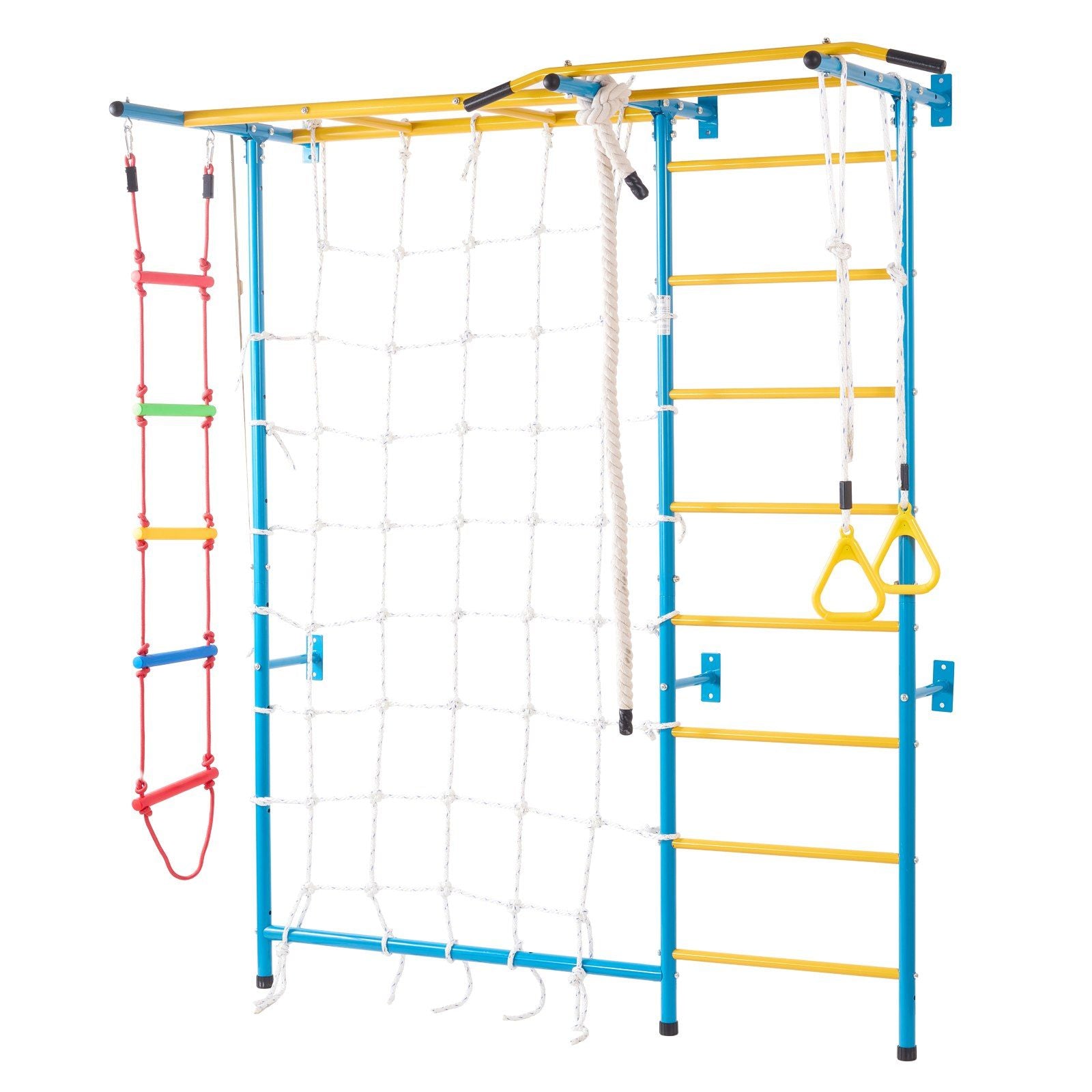 Indoor kids play gym featuring a 7-in-1 Swedish ladder and wooden climbing set by Little Play World for active indoor fun.