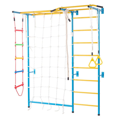 Indoor kids play gym featuring a 7-in-1 Swedish ladder and wooden climbing set by Little Play World for active indoor fun.