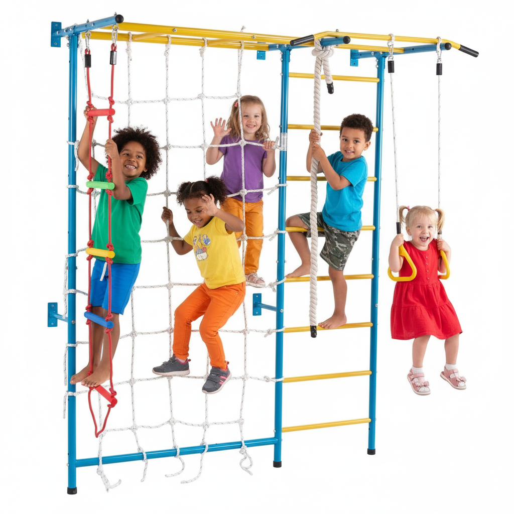 Indoor kids play gym with wooden Swedish ladder, climbing wall, and activity set by Little Play World for active indoor play.