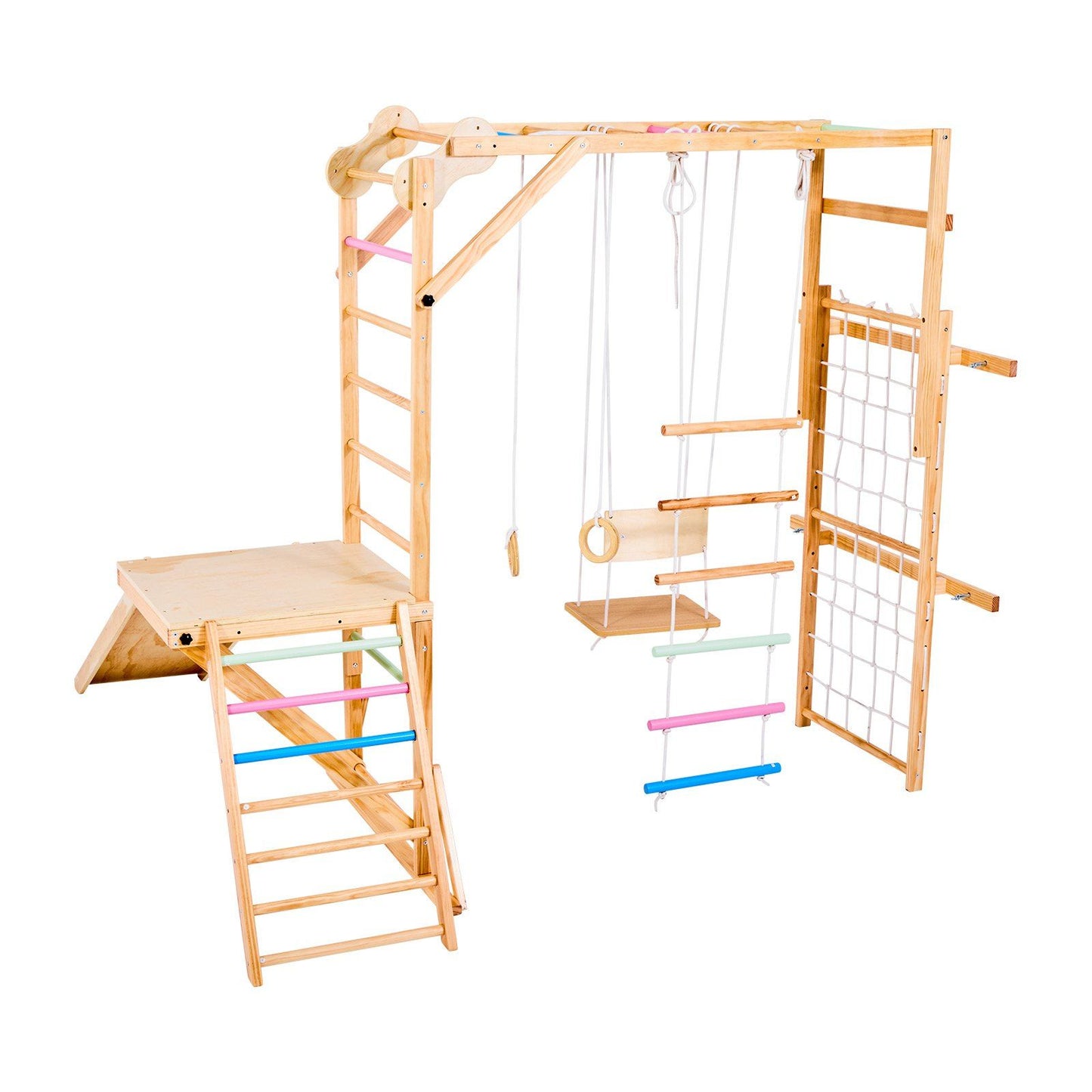 Little Play World AdventureClimb 8-in-1 wooden indoor kids play gym with climbing structures and slides for active play.