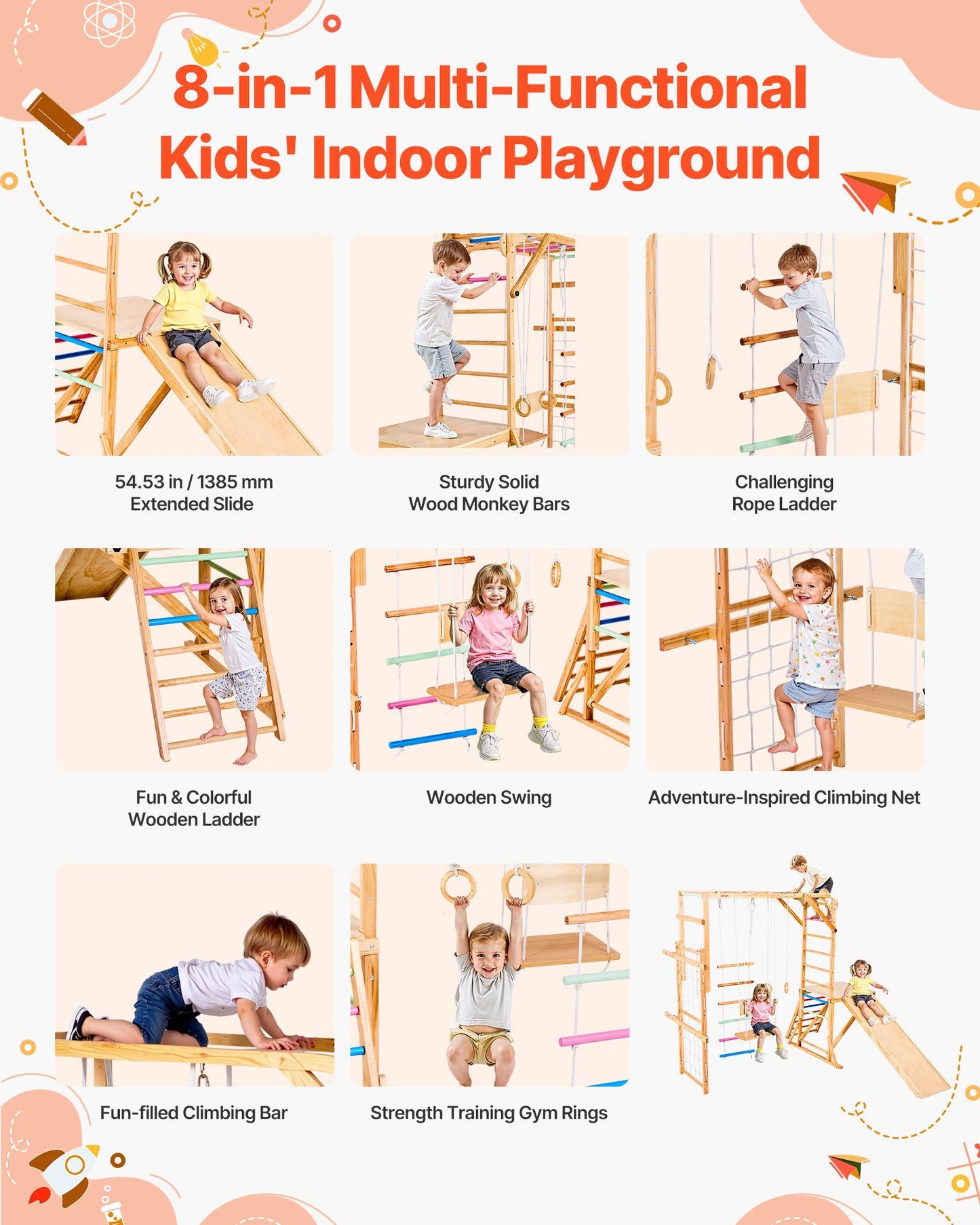 Little Play World AdventureClimb 8-in-1 wooden indoor kids play gym with climbing ropes, slides, and play panels.