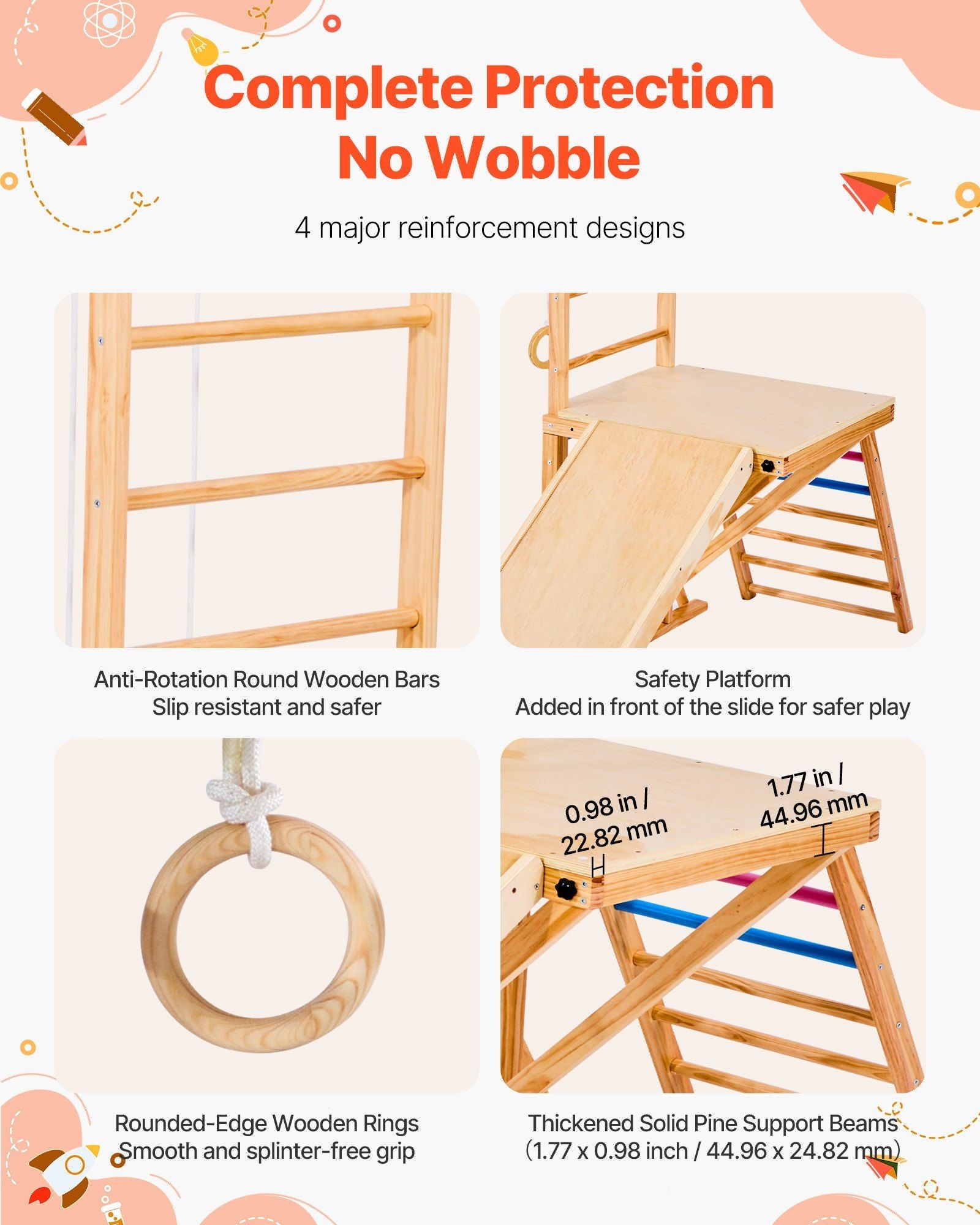 Little Play World AdventureClimb 8-in-1 wooden indoor kids play gym with climbing frames, slides, and activity stations.