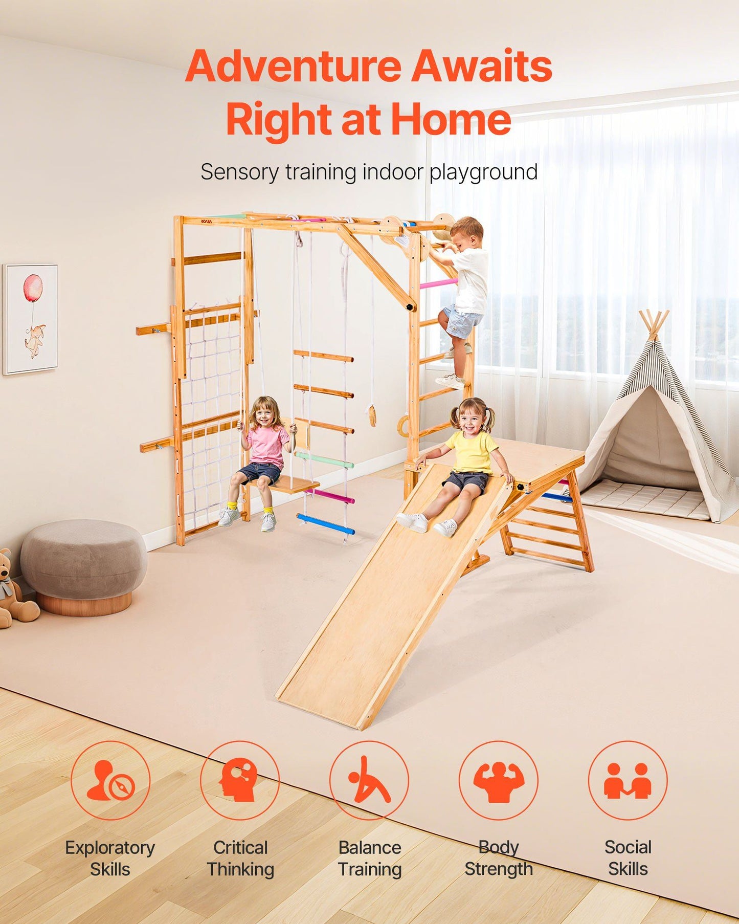 Little Play World AdventureClimb 8-in-1 Wooden Indoor Kids Play Gym with climbing, sliding, and play features for children.
