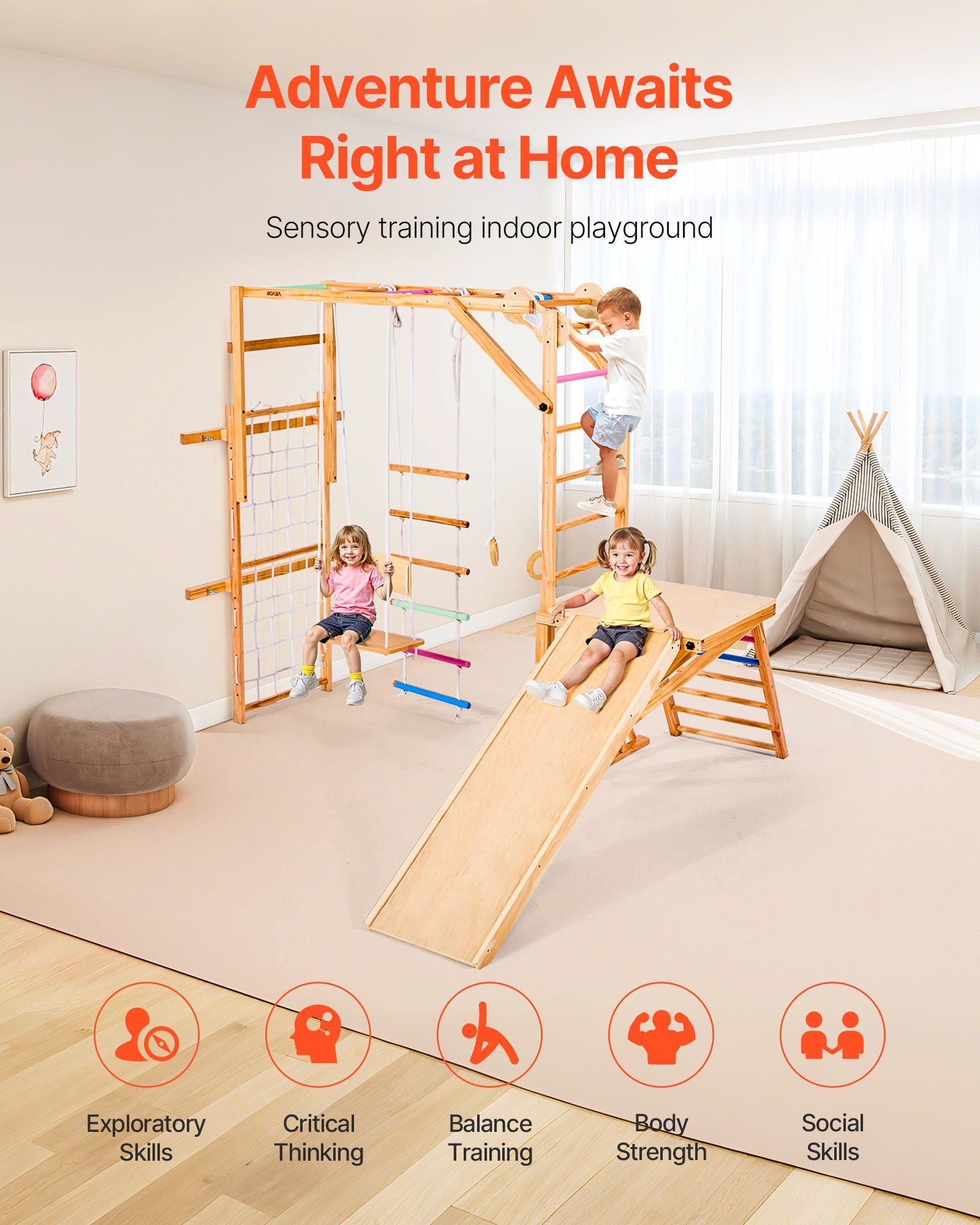 Little Play World AdventureClimb 8-in-1 Wooden Indoor Kids Play Gym with climbing, sliding, and play features for children.