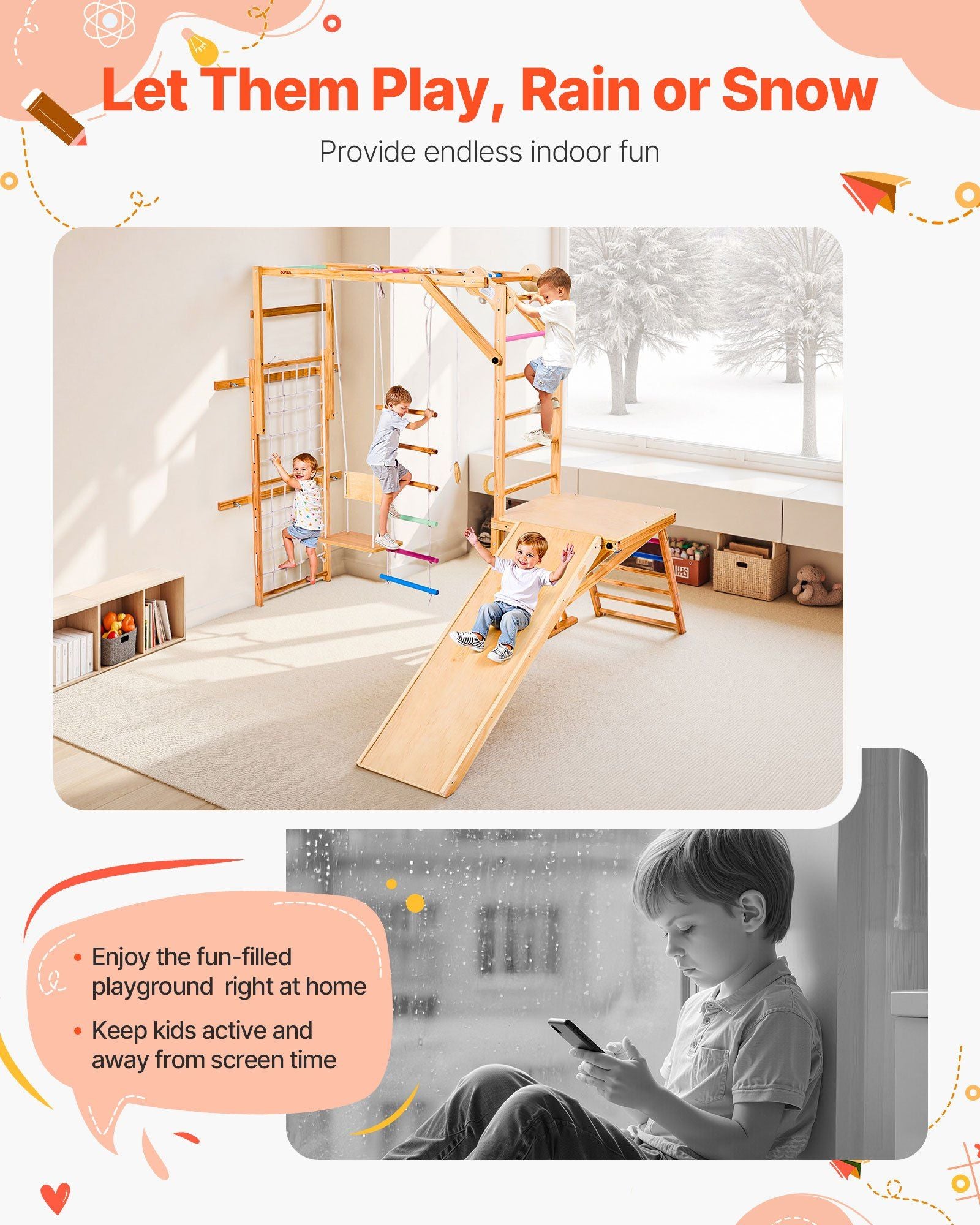 Little Play World AdventureClimb 8-in-1 wooden indoor kids play gym with climbing, sliding, and play accessories.