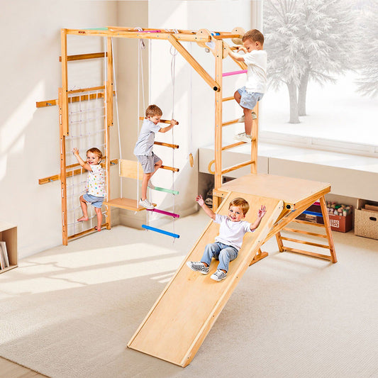 Little Play World AdventureClimb™ 8‑in‑1 Wooden Indoor Kids Play Gym with colorful climbing and play features.