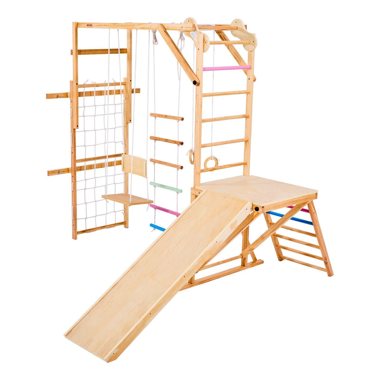 Little Play World AdventureClimb 8-in-1 Wooden Indoor Kids Play Gym with climbing frame, slides, and swings for active play.