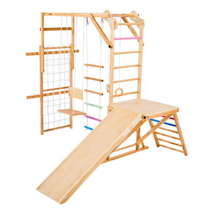 Little Play World AdventureClimb 8-in-1 Wooden Indoor Kids Play Gym with climbing frame, slides, and swings for active play.