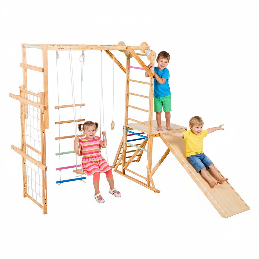 Little Play World AdventureClimb 8-in-1 wooden indoor kids play gym with climbing frames, slides, and play stations.
