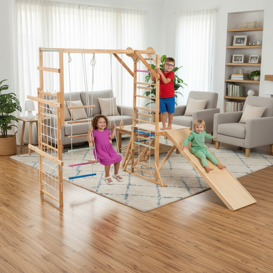 A large natural wood children's playground structure with a swing, climbing ladder, rope net, platform, and slide, shown with three children using it on a white studio background.