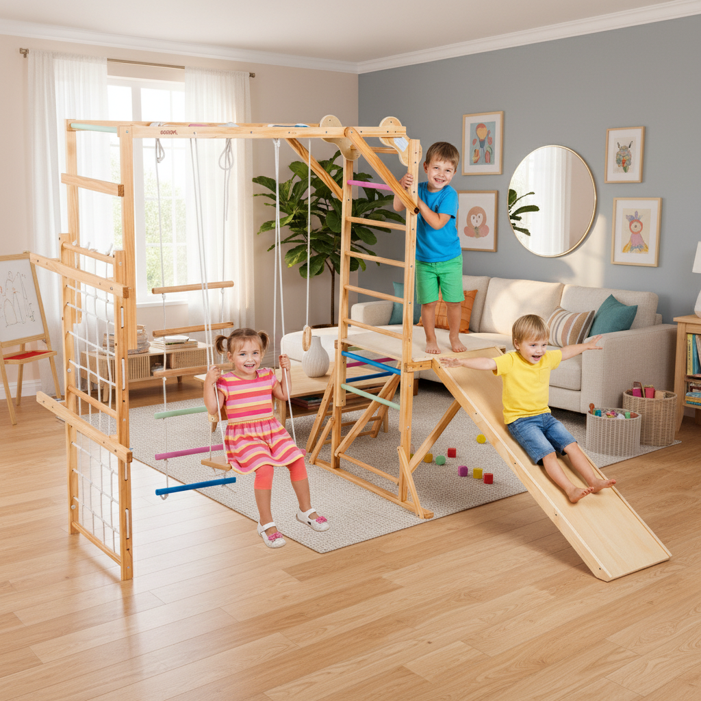 Little Play World AdventureClimb 8-in-1 wooden indoor kids play gym with climbing frame, slide, and activities in a playroom setting.