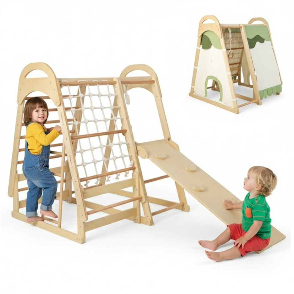 Children playing on a wooden climbing frame with slide and net