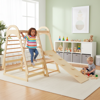 Children playing on a wooden climbing frame in a room with toys and furniture.