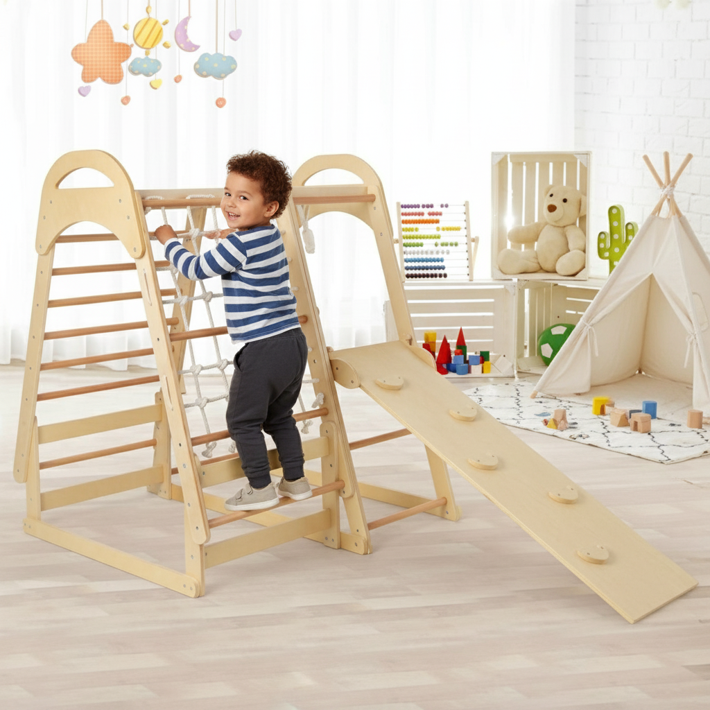 Child playing on a wooden climbing toy in a playroom with toys and furniture.