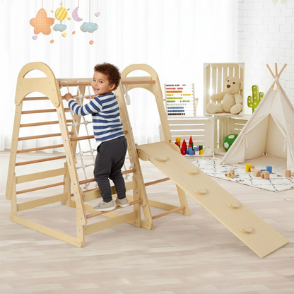 Child playing on a wooden climbing toy in a playroom with toys and furniture.