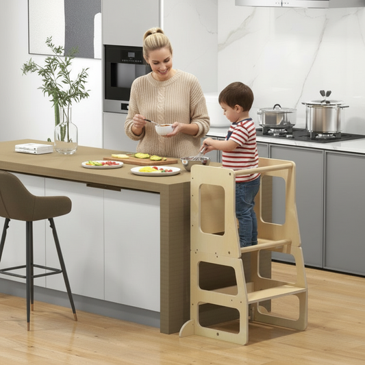 Woman and child in a kitchen with a step stool