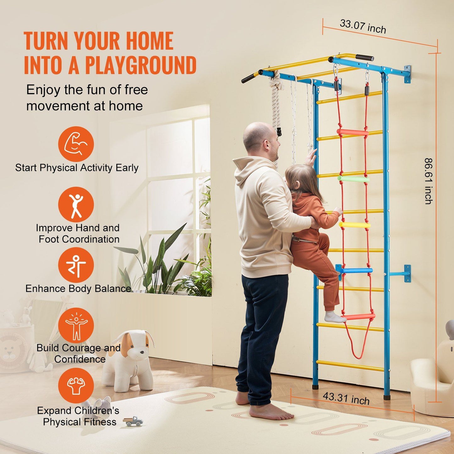 Little Play World NordicClimb Swedish Wall Gym for kids, indoor play gym with colorful climbing walls and accessories.