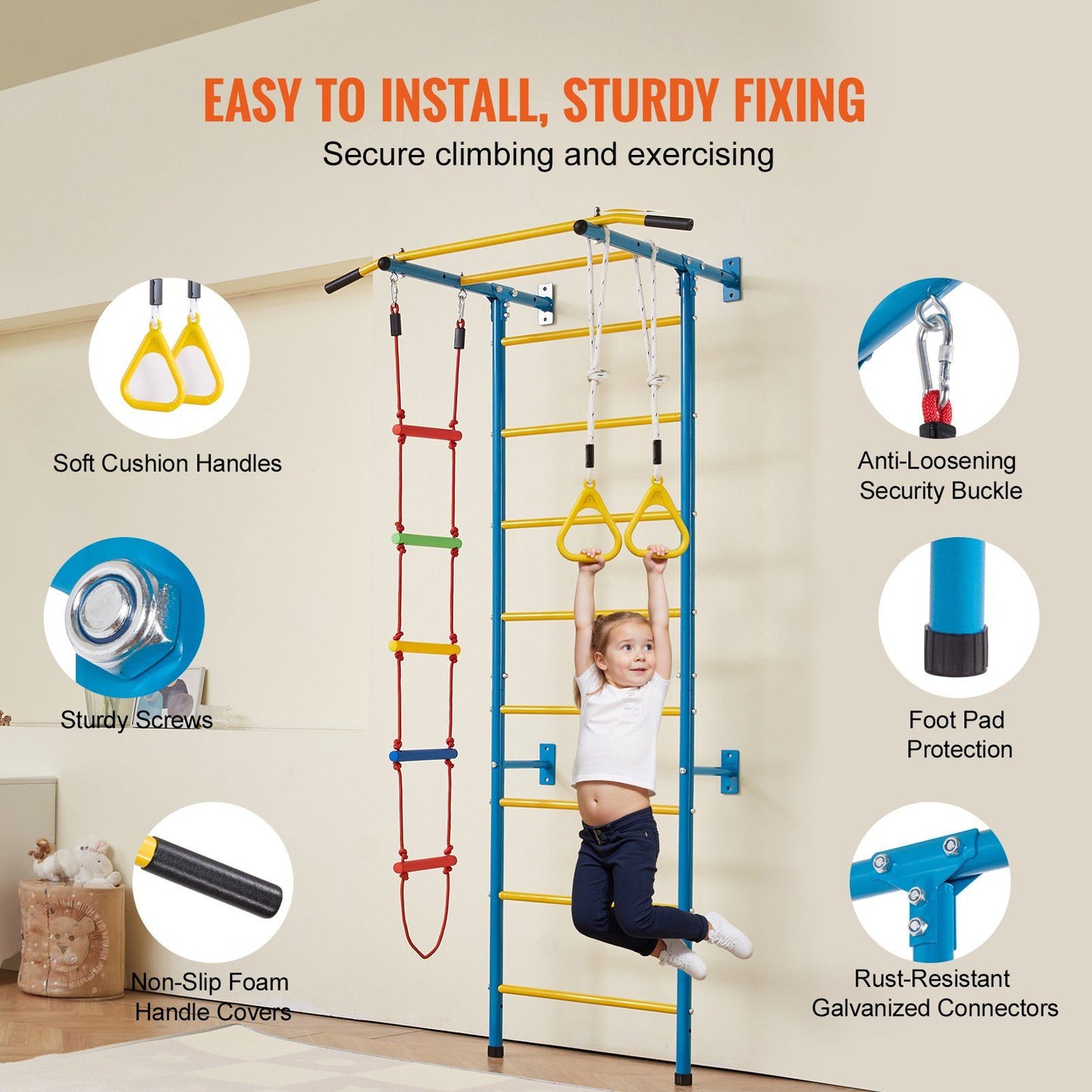 Little Play World NordicClimb Swedish Wall Gym for kids, indoor play gym with colorful climbing panels and safety padding.