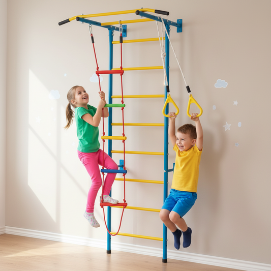Little Play World NordicClimb Swedish Wall Gym indoor kids play gym with colorful climbing panels and safety mats.
