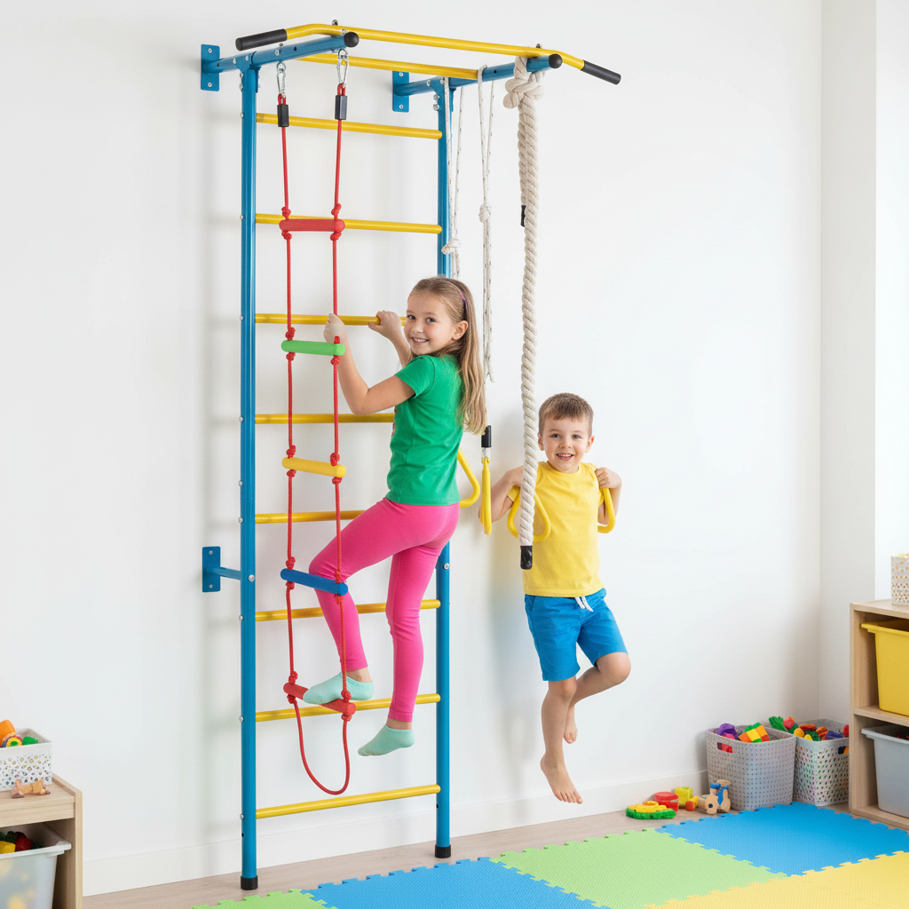 Little Play World NordicClimb Swedish Wall Gym for kids, indoor indoor play gym with colorful climbing and activity features.