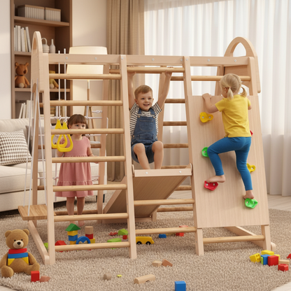 Children playing on a wooden climbing toy in a room with toys scattered on the floor.