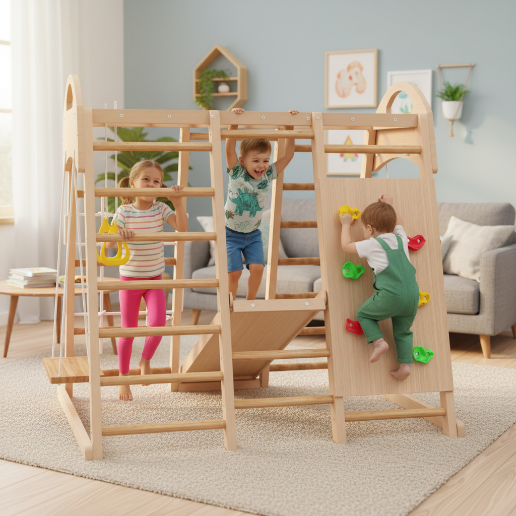Children playing on a wooden climbing frame in a living room.