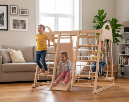 Children playing on a wooden climbing toy in a living room.