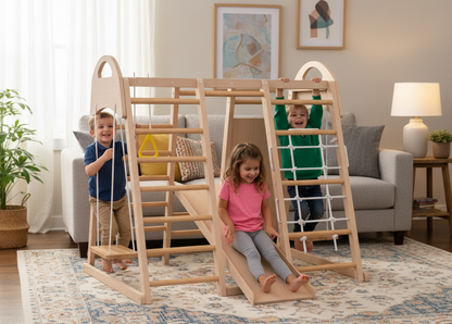 Children playing on a wooden climbing toy in a living room.